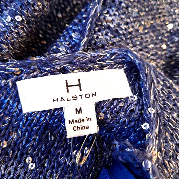 H By Halston Women's Blouse Blue Silver Marled Short Sleeve V Neck Sequined M - Picture 4 of 7